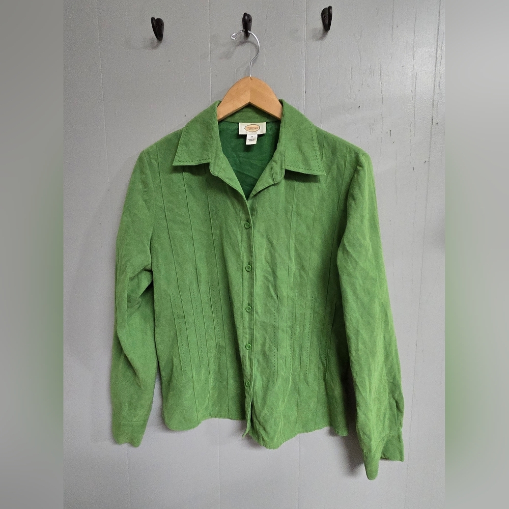 Talbots Womens Green Button-Up Front Pleated Long Sleeve Shirt Size M